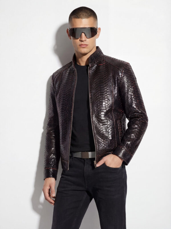 Genuine Python Leather Men's Exotic Snake Skin Red Black Luxury Handmade Jacket
