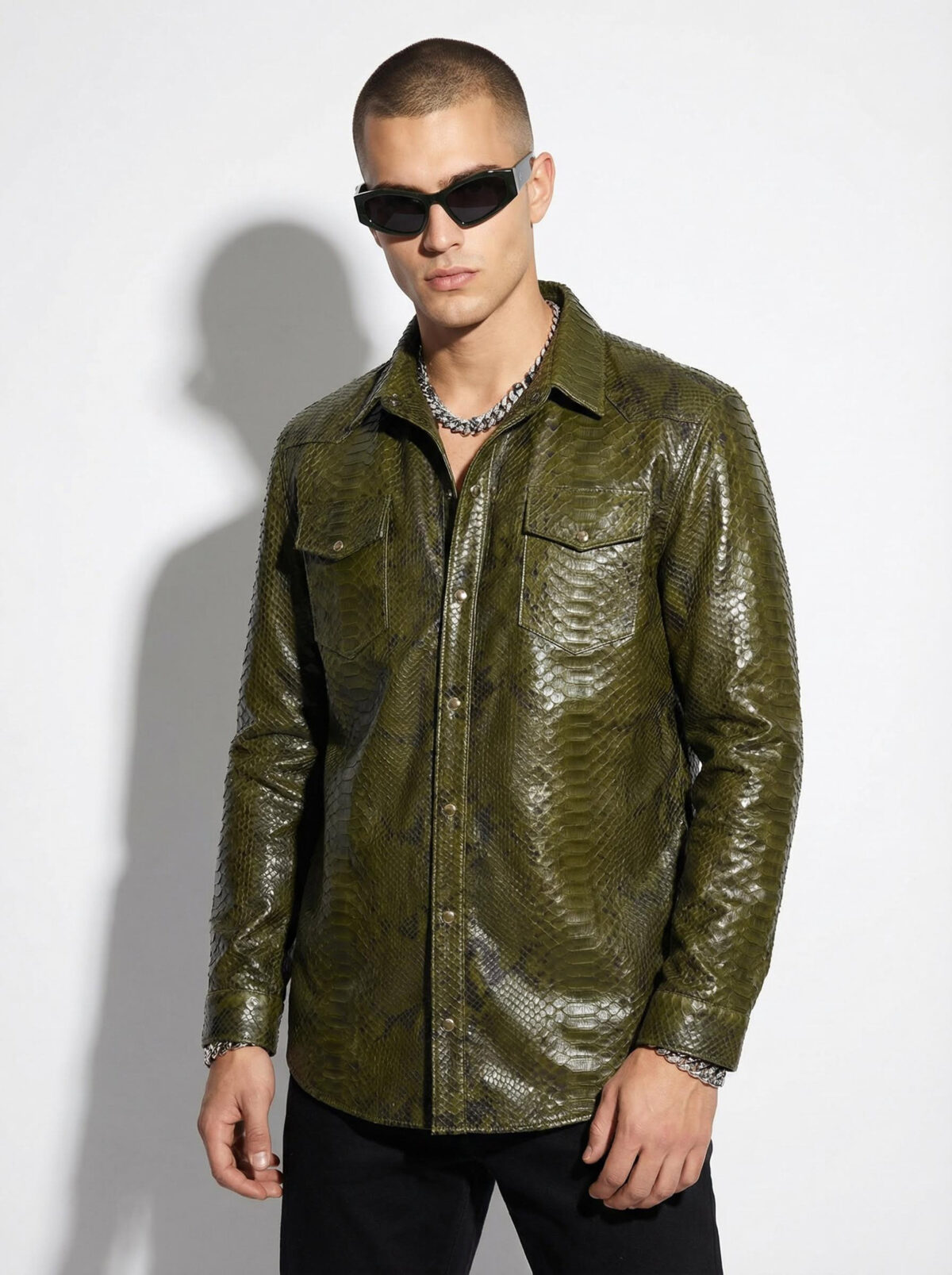 Olive Green Genuine Python Skin Shirt Jacket | Men's Exotic Leather Shacket