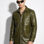 Olive Green Genuine Python Skin Shirt Jacket | Men's Exotic Leather Shacket