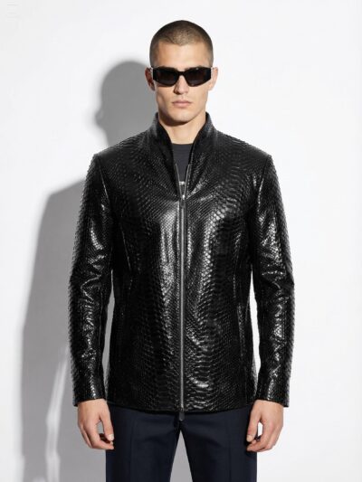 Exotic Black Python Skin Jacket | Men's Luxury Leather Coat | Handmade Genuine Snake Skin Outerwear