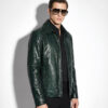 Emerald Green Python Skin Convertible Jacket - Luxury Shirt Stand Collar Exotic Snake Coat
