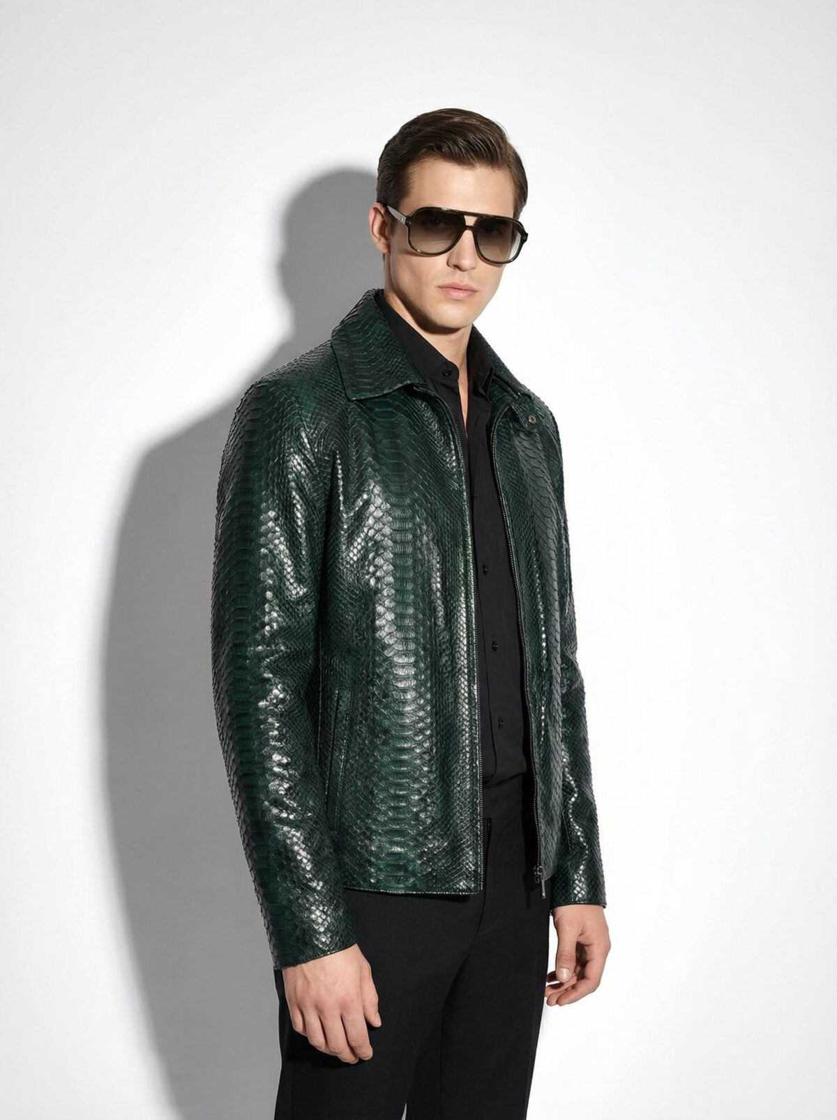 Emerald Green Python Skin Convertible Jacket - Luxury Shirt Stand Collar Exotic Snake Coat