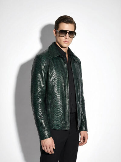 Emerald Green Python Skin Convertible Jacket - Luxury Shirt Stand Collar Exotic Snake Coat