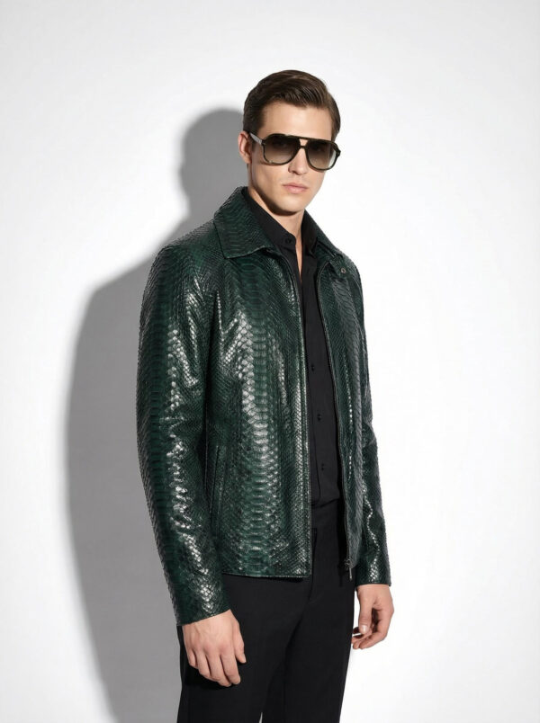 Emerald Green Python Skin Convertible Jacket - Luxury Shirt Stand Collar Exotic Snake Coat