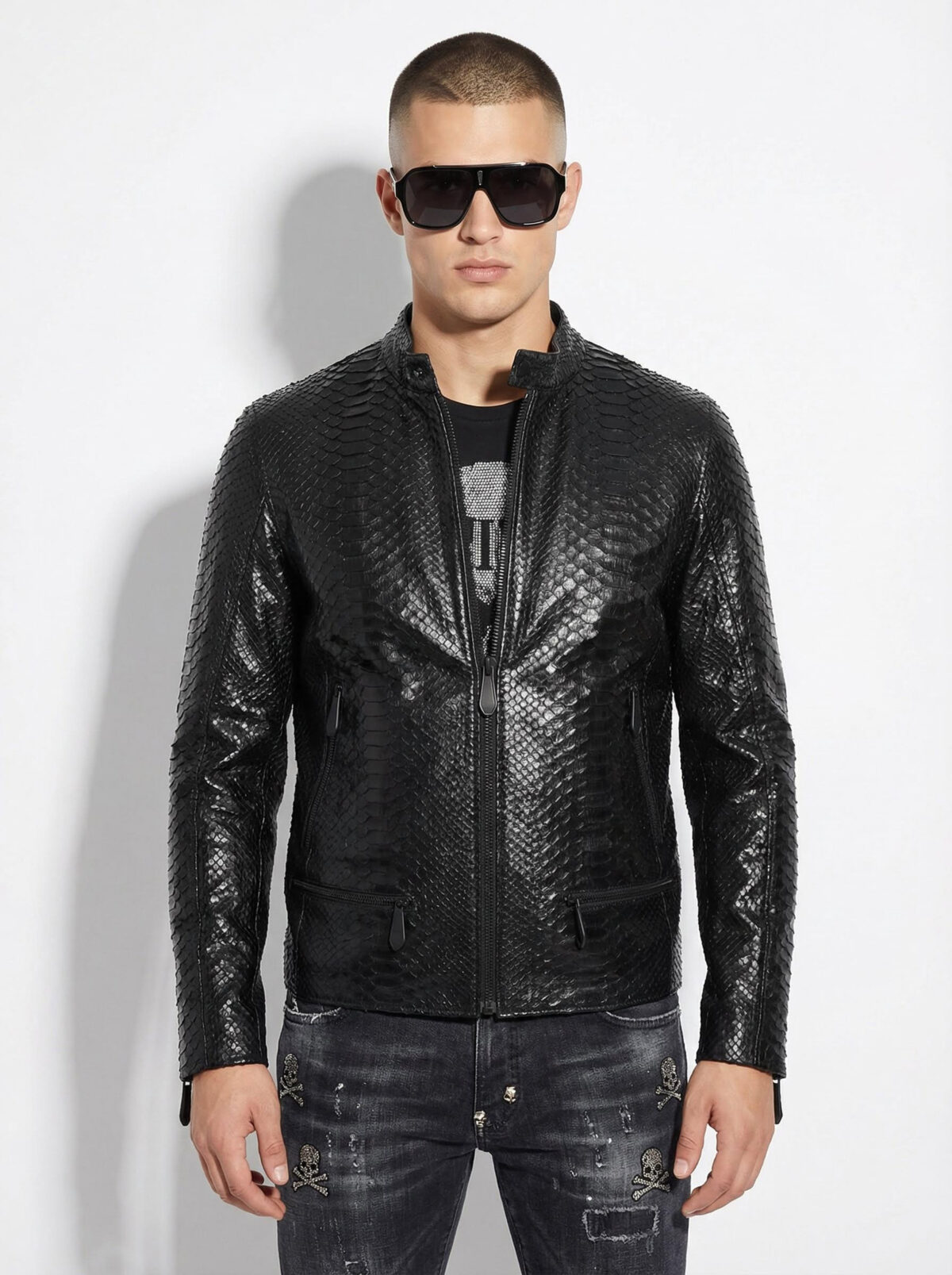 Genuine Python Leather Men's Exotic Snake Skin Black Luxury Moto Jacket