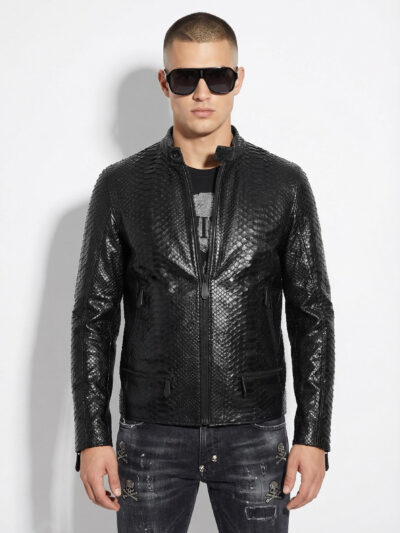 Genuine Python Leather Men's Exotic Snake Skin Black Luxury Moto Jacket