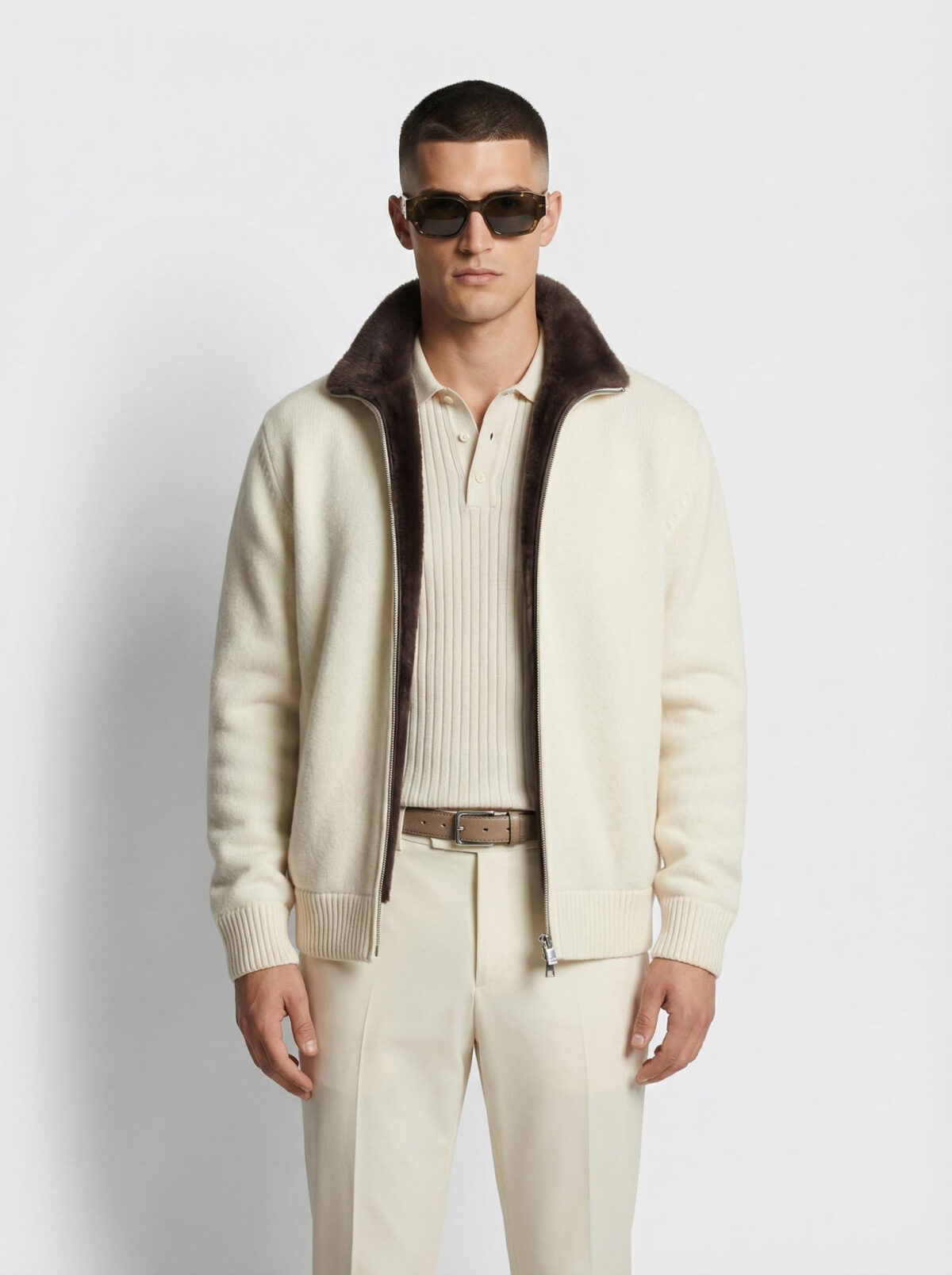 Men’s Wool Cardigan with Merino Fur Lining – Luxury Winter Zip Jacket in Cream White