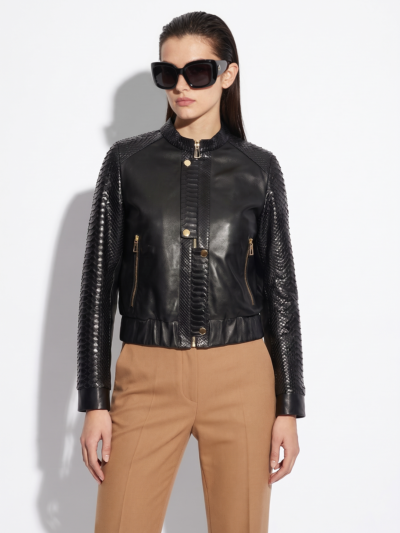 Leather Bomber Jacket with Python Trim