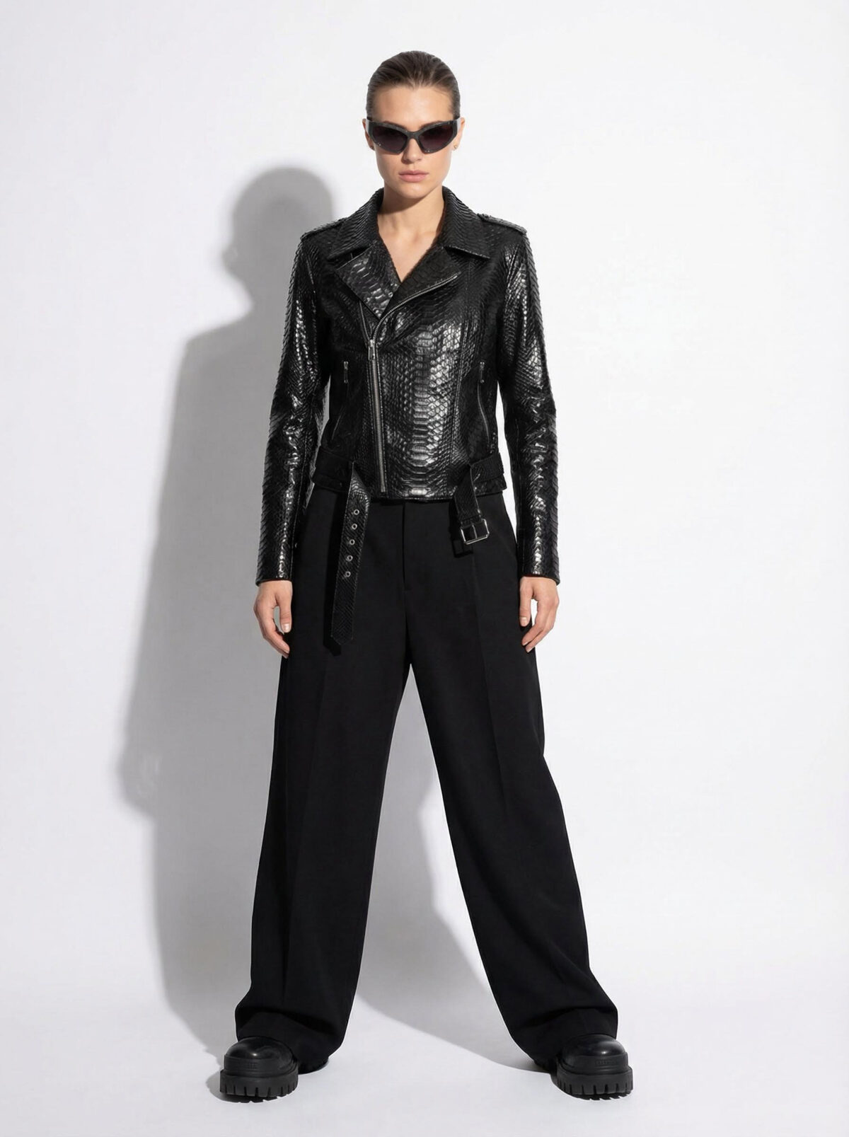 Black Python Moto Jacket with Stand Collar