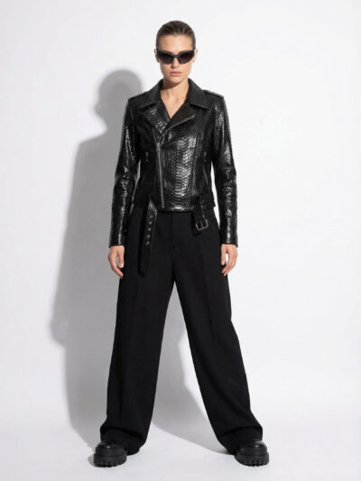 Black Python Moto Jacket with Stand Collar