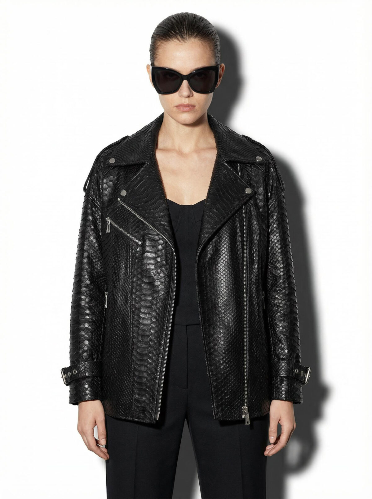 Oversized Black Python Moto Jacket
