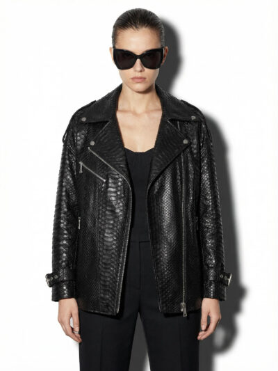 Oversized Black Python Moto Jacket