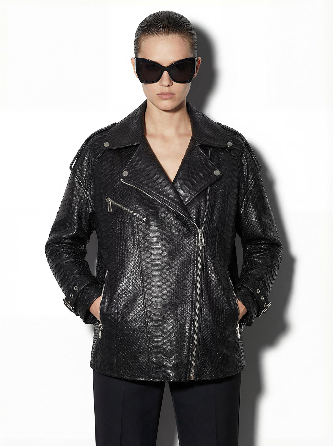 Oversized Black Python Moto Jacket