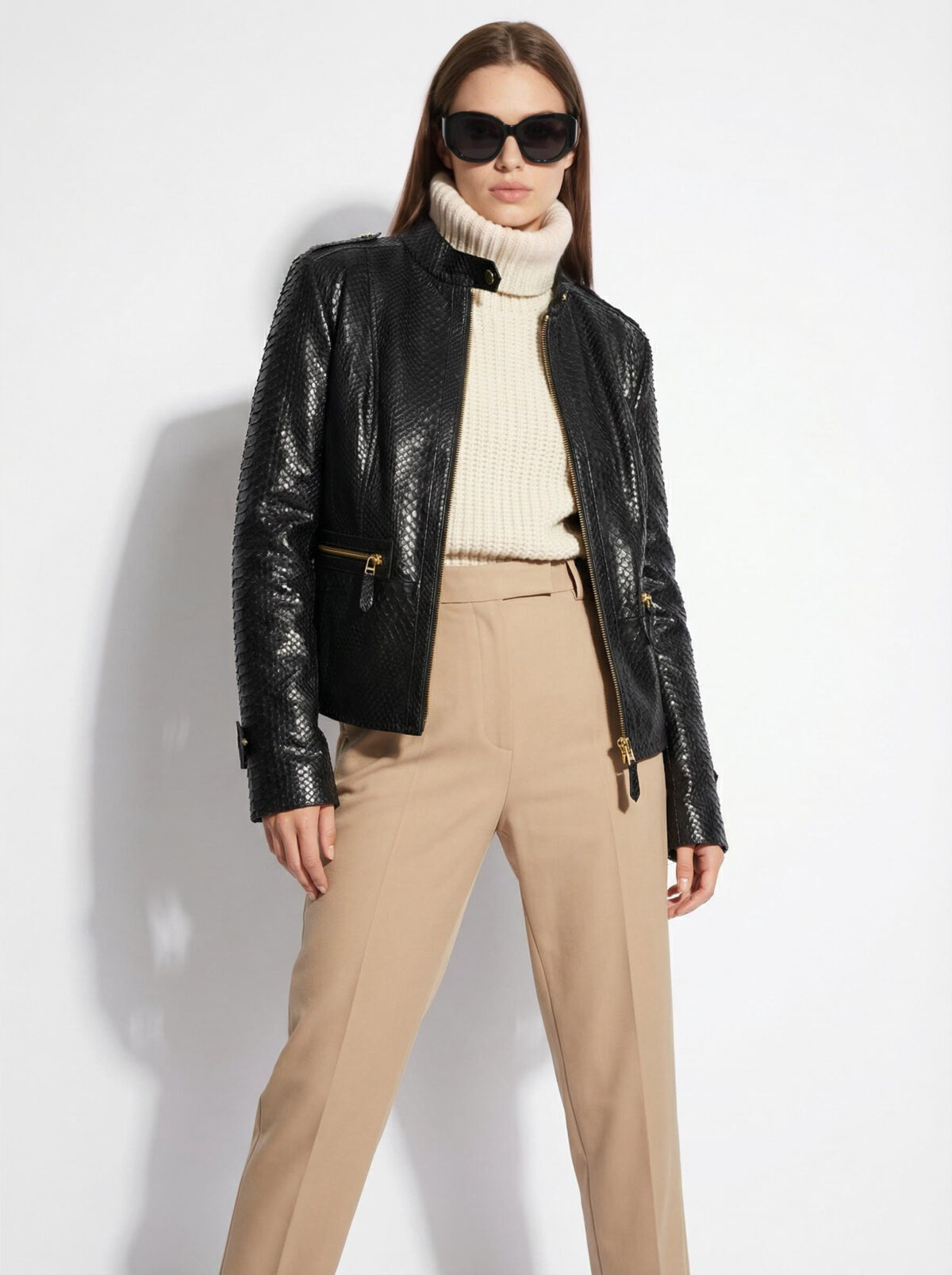 Black Python Racer Jacket with Gold Hardware