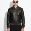 Men's Red Green Italian Color Stripes Black Textured Genuine Leather Bomber Jacket