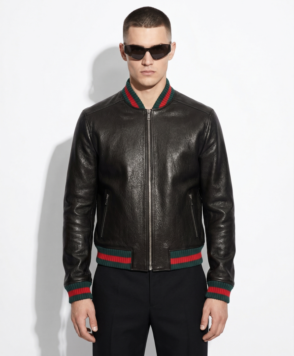 Leather Bomber Jacket with Striped Rib Trim