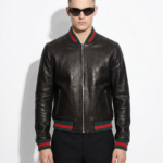 Men's Red Green Italian Color Stripes Black Textured Genuine Leather Bomber Jacket