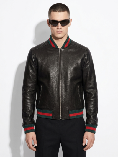 Men's Red Green Italian Color Stripes Black Textured Genuine Leather Bomber Jacket