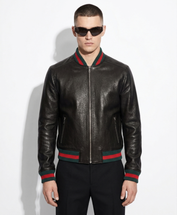 Men's Red Green Italian Color Stripes Black Textured Genuine Leather Bomber Jacket