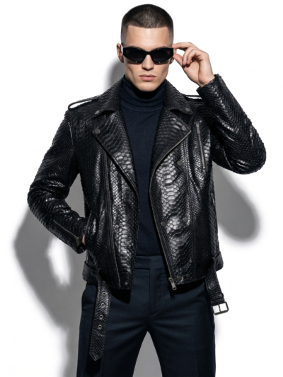 Genuine Python Leather Men's Luxury Exotic Snake Skin Black Motorcycle Biker Jacket