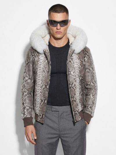 Genuine Python Leather Men's Hoodie: Fox Fur Trim, Rex Fur Lining