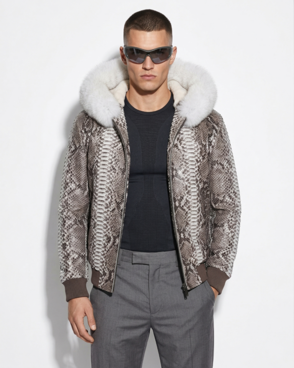 Genuine Python Leather Men's Hoodie: Fox Fur Trim, Rex Fur Lining
