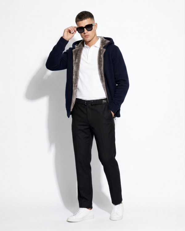 Wool Knit Cardigan: Merino Sheep Fur Lined Hooded Sweater