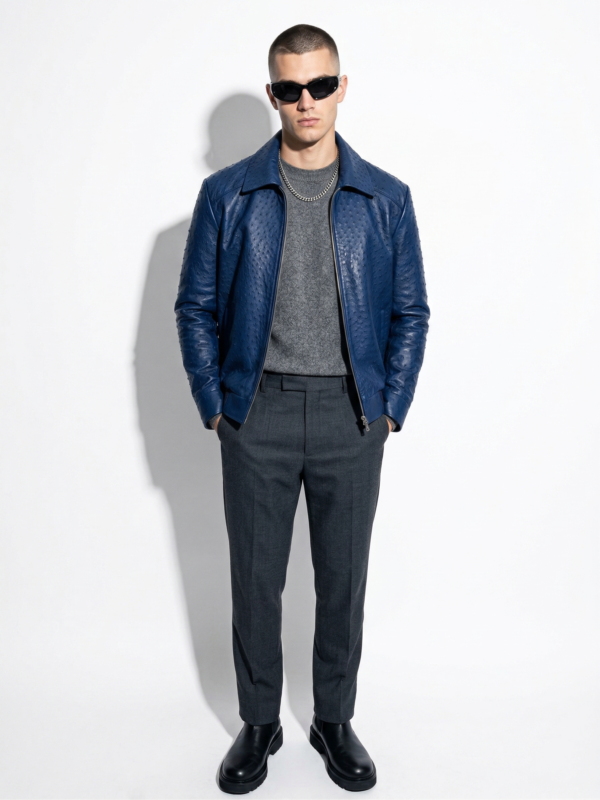 Genuine Ostrich Quill Leather Men's Navy Blue Luxury Handmade Jacket