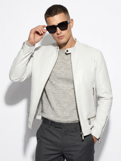 Genuine Python Leather Men's Exotic Snake Skin White Handmade Moto Jacket