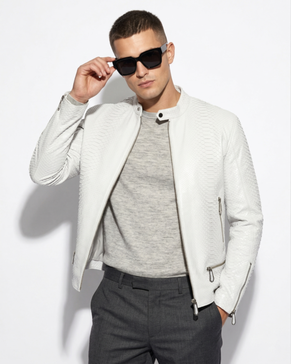 Genuine Python Leather Men's Exotic Snake Skin White Handmade Moto Jacket