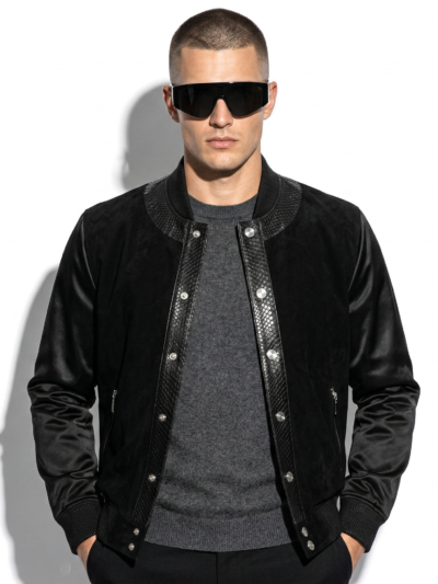 Men's Suede Jacket: Python Trim, Zip Pockets