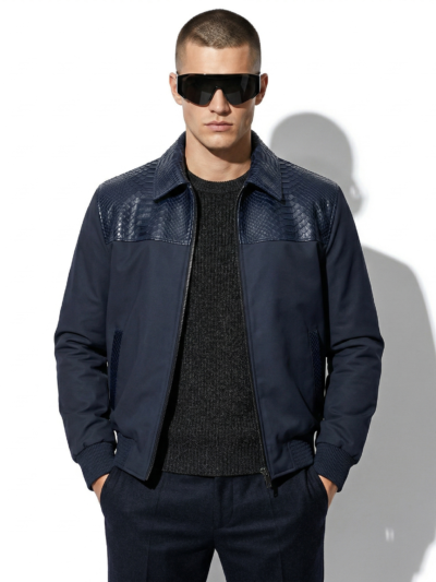 Men's Real Python Leather Trim Waterproof Fabric Luxury Bomber Jacket