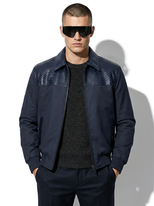 Men's Real Python Leather Trim Waterproof Fabric Luxury Bomber Jacket