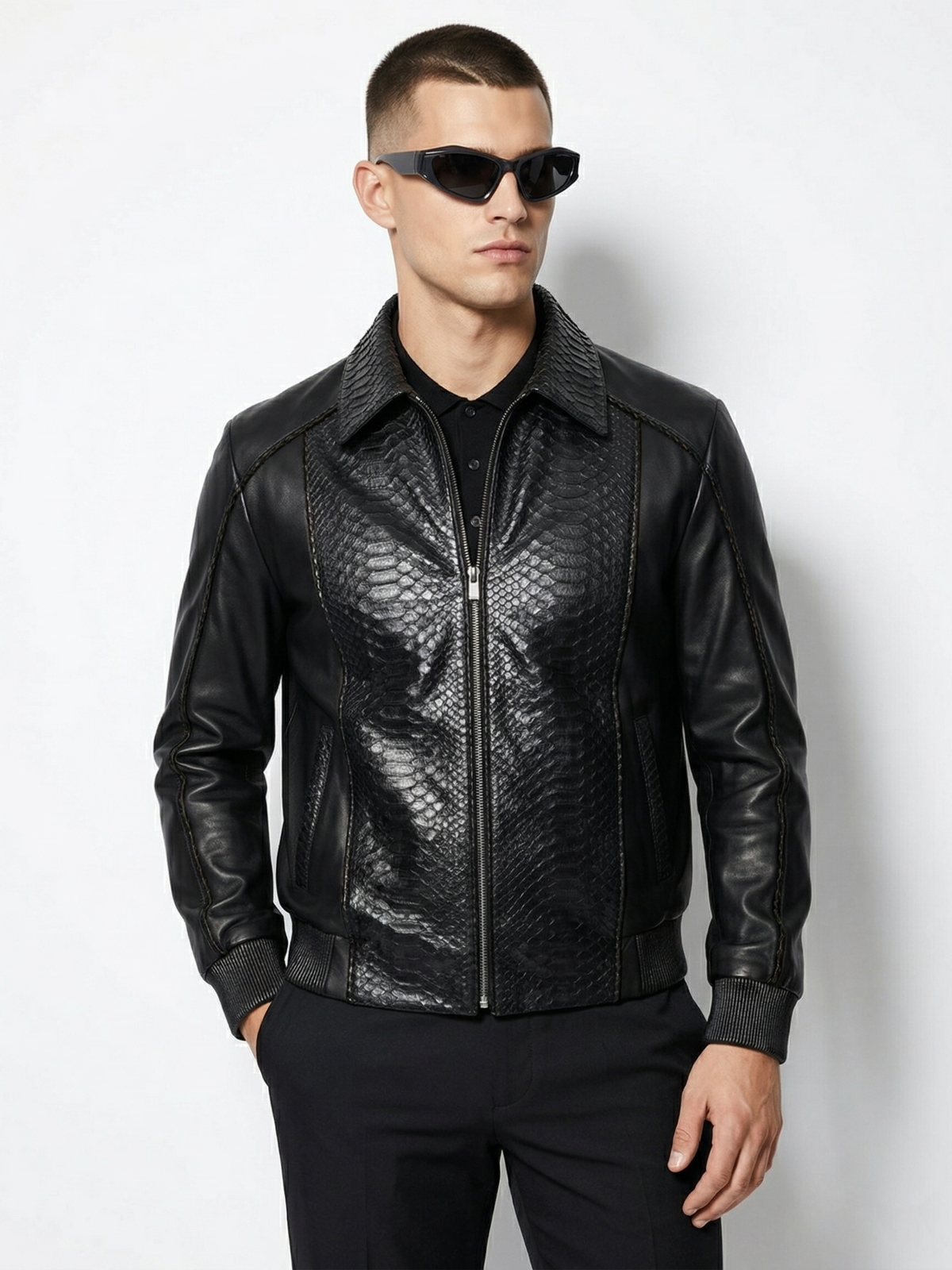 Black Leather Bomber Jacket with Python Trim