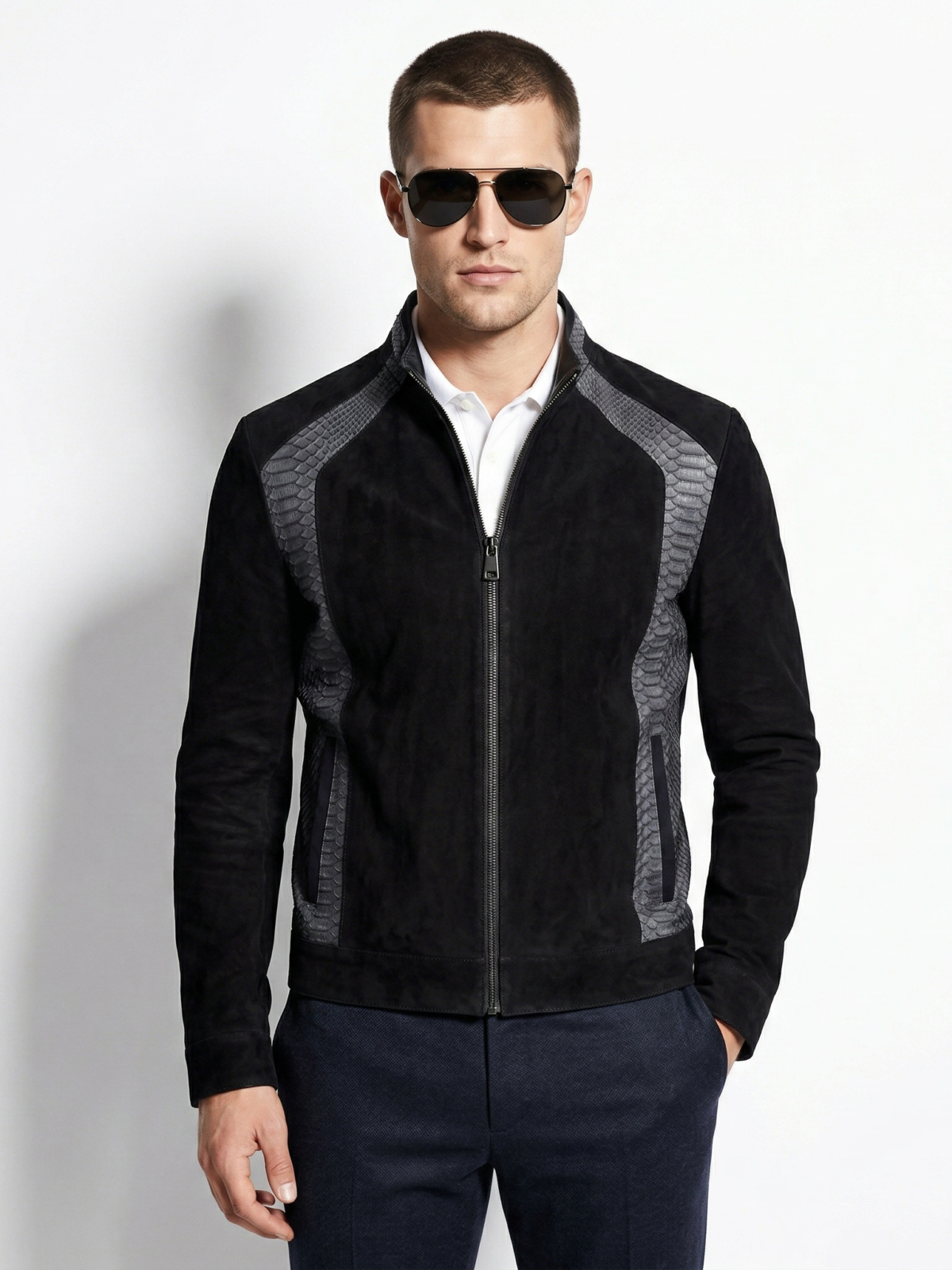 Black Suede Jacket with Python Trim