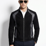 Genuine Python Leather Trim Suede Black Men's Bespoke Jacket