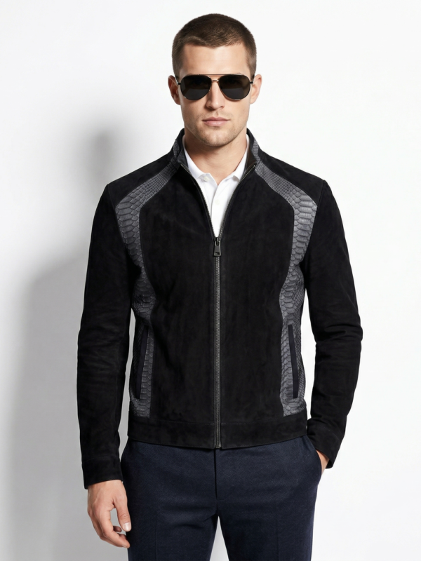 Genuine Python Leather Trim Suede Black Men's Bespoke Jacket