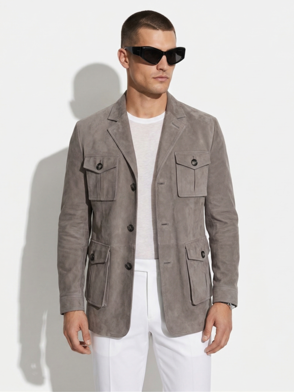 Handmade Suede Leather Safari Jacket - Men's Bespoke Gray Coat
