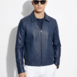 Men's Real Ostrich Leather With Genuine Lambskin Navy Blue Handmade Jacket