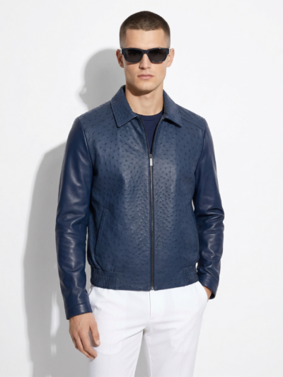 Men's Real Ostrich Leather With Genuine Lambskin Navy Blue Handmade Jacket
