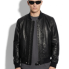 Crystal Printed Skull Men's Black Genuine Leather Bomber Jacket