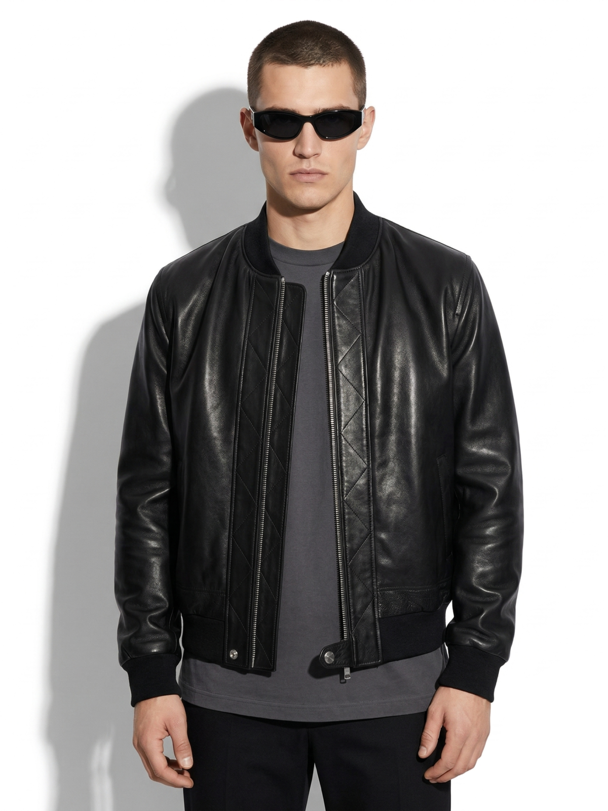 Skull-Embroidered Leather Bomber Jacket