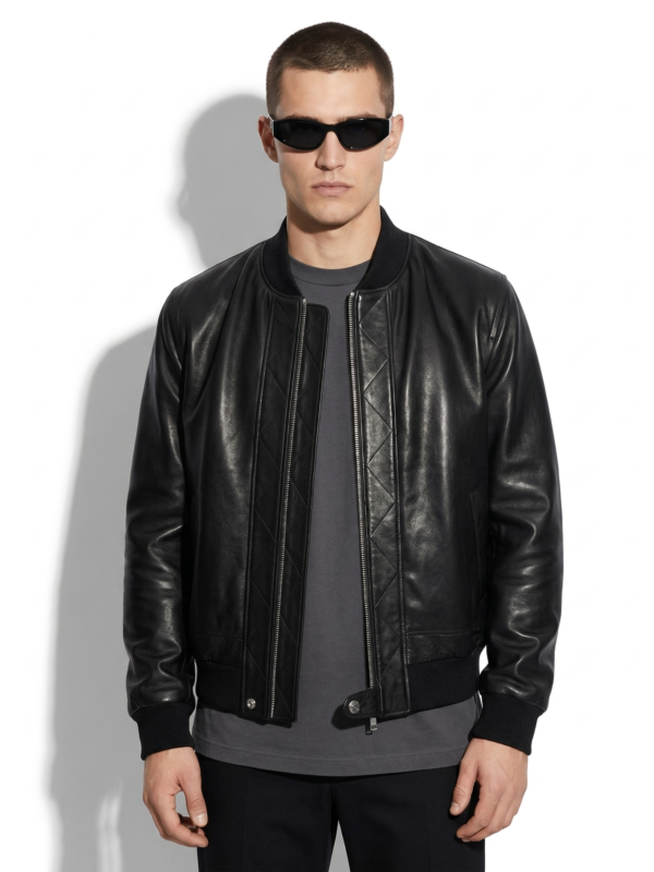 Crystal Printed Skull Men's Black Genuine Leather Bomber Jacket