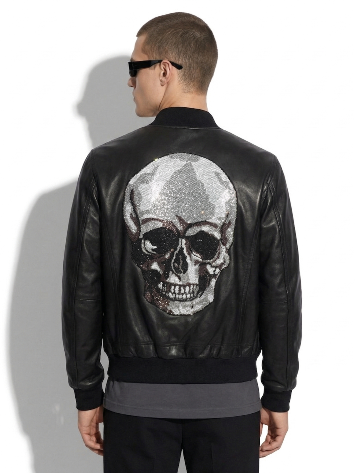 Skull-Embroidered Leather Bomber Jacket