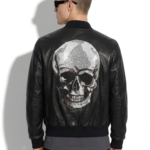 Crystal Printed Skull Men's Black Genuine Leather Bomber Jacket