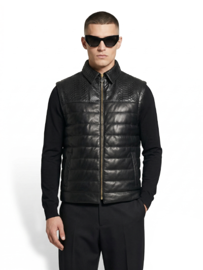 Men's Quilted Lambskin Vest: Genuine Python Leather Trim