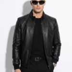 Black Textured Leather Jacket with Python Trim