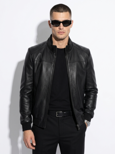 Men's Real Python Skin Trim Textured Genuine Leather Black Luxury Jacket