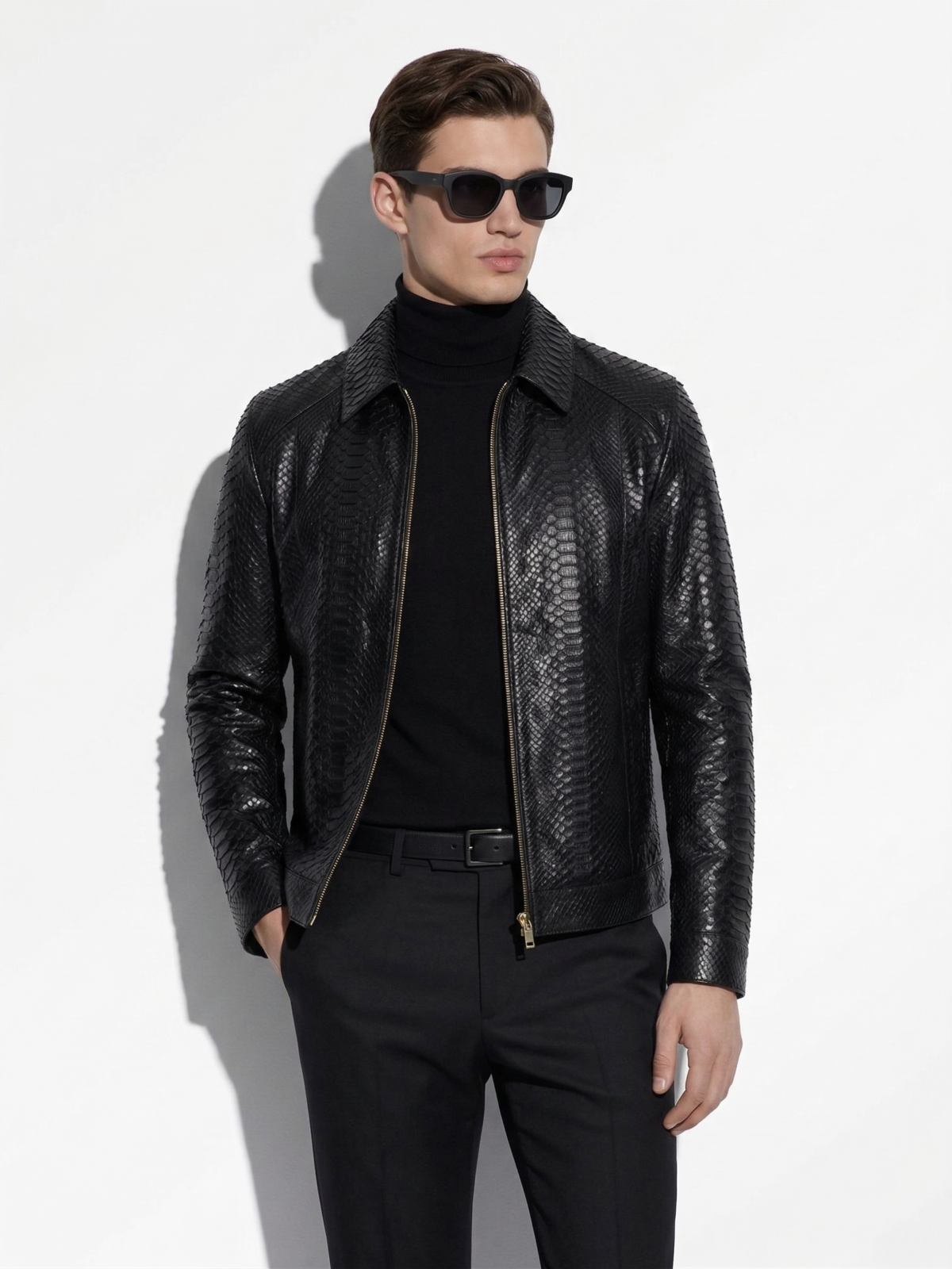 Black Python Shirt-Collar Jacket
