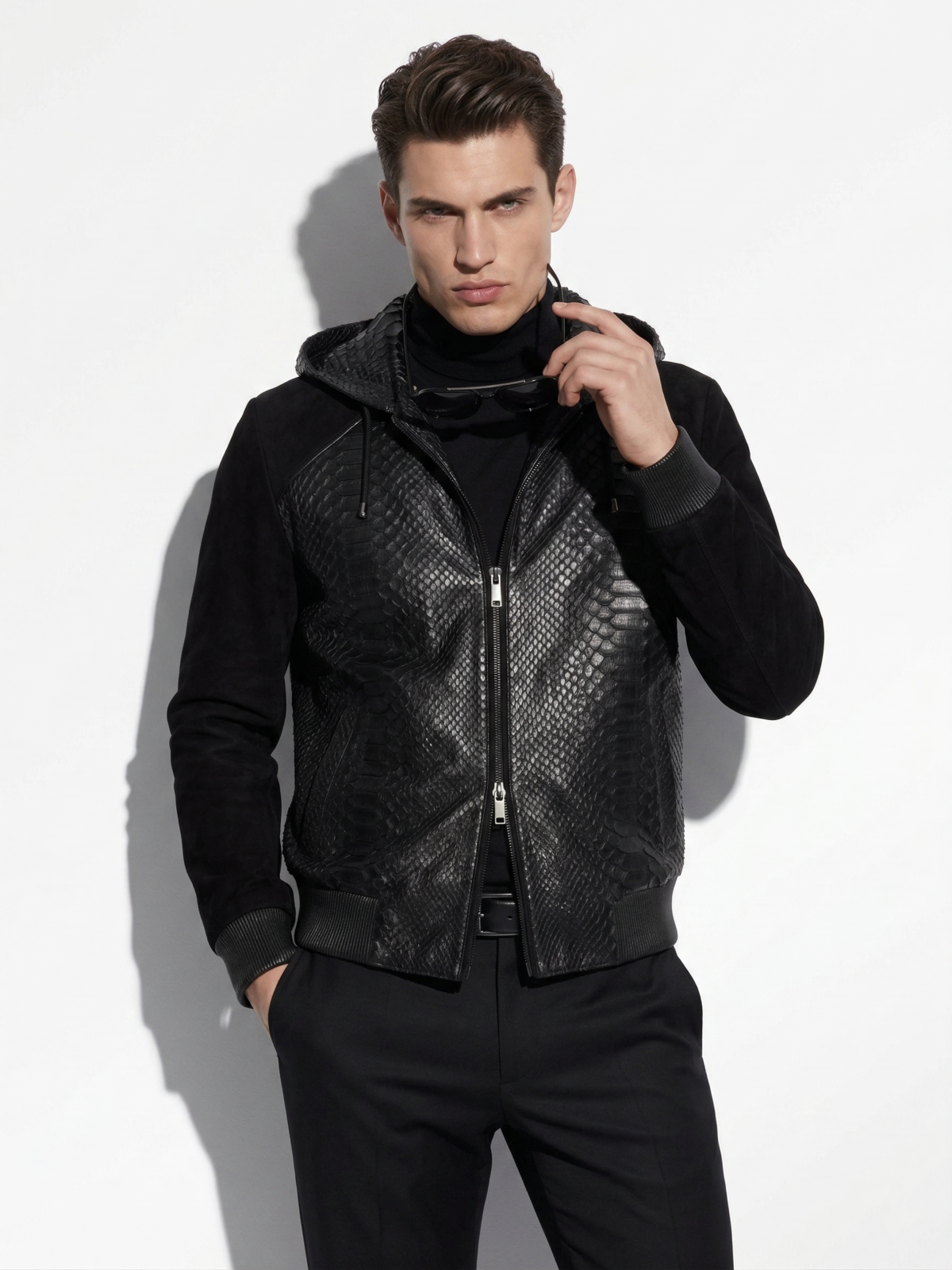 Black Suede Hooded Jacket with Python Panels